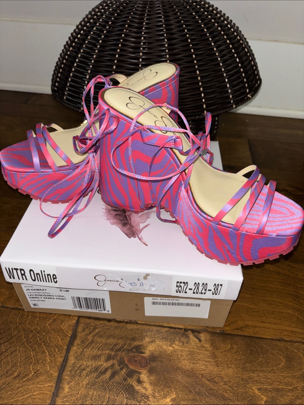 Jessica Simpson 5 inch Pink & Purple Zebra Lace-Up Platform Sandals Sz 8.5 - Picture 6 of 12
